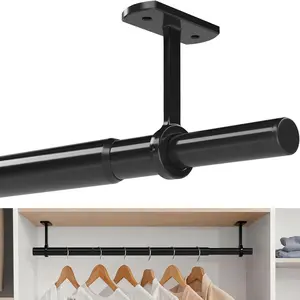 Closet Rods for Hanging Clothes Ceiling or Wall Mounted, 17–48 Inch Closet Rod Heavy-Duty Stepless Telescopic Clothes Hanging Rod for Closet Kitchen Laundry Room Living Room Balcony (Black)