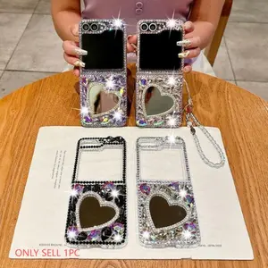 Heart Mirror Full Diamond Foldable Case Cover for Samsung ZFlip3/4/5 | Purple/Silver/Black Multi-Colors + Heart Mirror + Full Iridescent Rhinestones + Lanyard | Shockproof Scratch-Resistant | Outing Makeup Sweet Cool Sparkling Practical Style