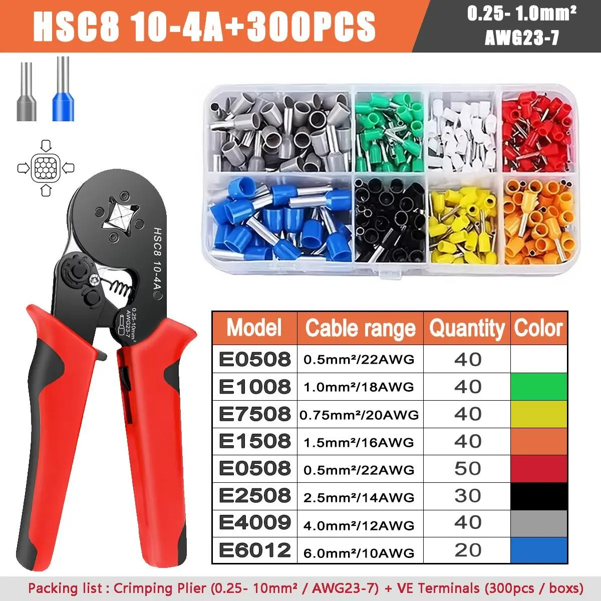 300/400/700/800/1200/1250/1300/1900/2000pcs Tubular Terminals with HSC8 10-4A Pliers Assortment for Electrical Connection Crimp Terminals Wire Terminal Connectors