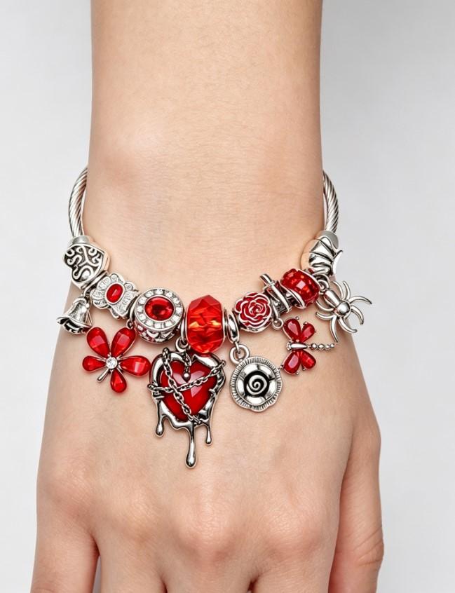 Gothic Red Heart Drip Charm Bangle Open Adjustable Silver Wire Bracelet Spider Rose Red Crystal Beads Stackable Jewelry Gift For Women