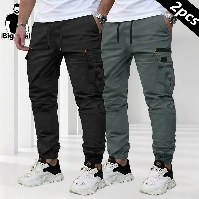 2-pack men’s casual plus-size cargo pants — mid-rise drawstring waist, faux zipper and hook-and-loop design, multiple pockets; suitable for golf and outdoor activities; ideal for gym workouts year-round, basketball, camping, fishing, beach running, mounta