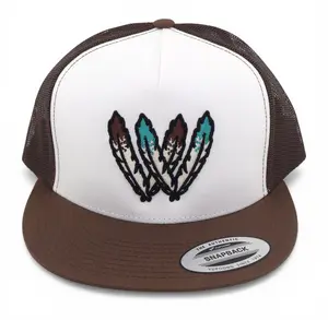 Feathers Embroidered Flat Bill Hat - White Front with Black & Blue Feathers, Dark Brown Mesh Back, Casual Style