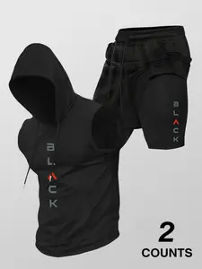 Two-Piece Set Men's Hooded Tank Top & Shorts Set, Regular Fit Casual Sleeveless Top & Shorts, Men's Clothing Set for Summer, Activewear