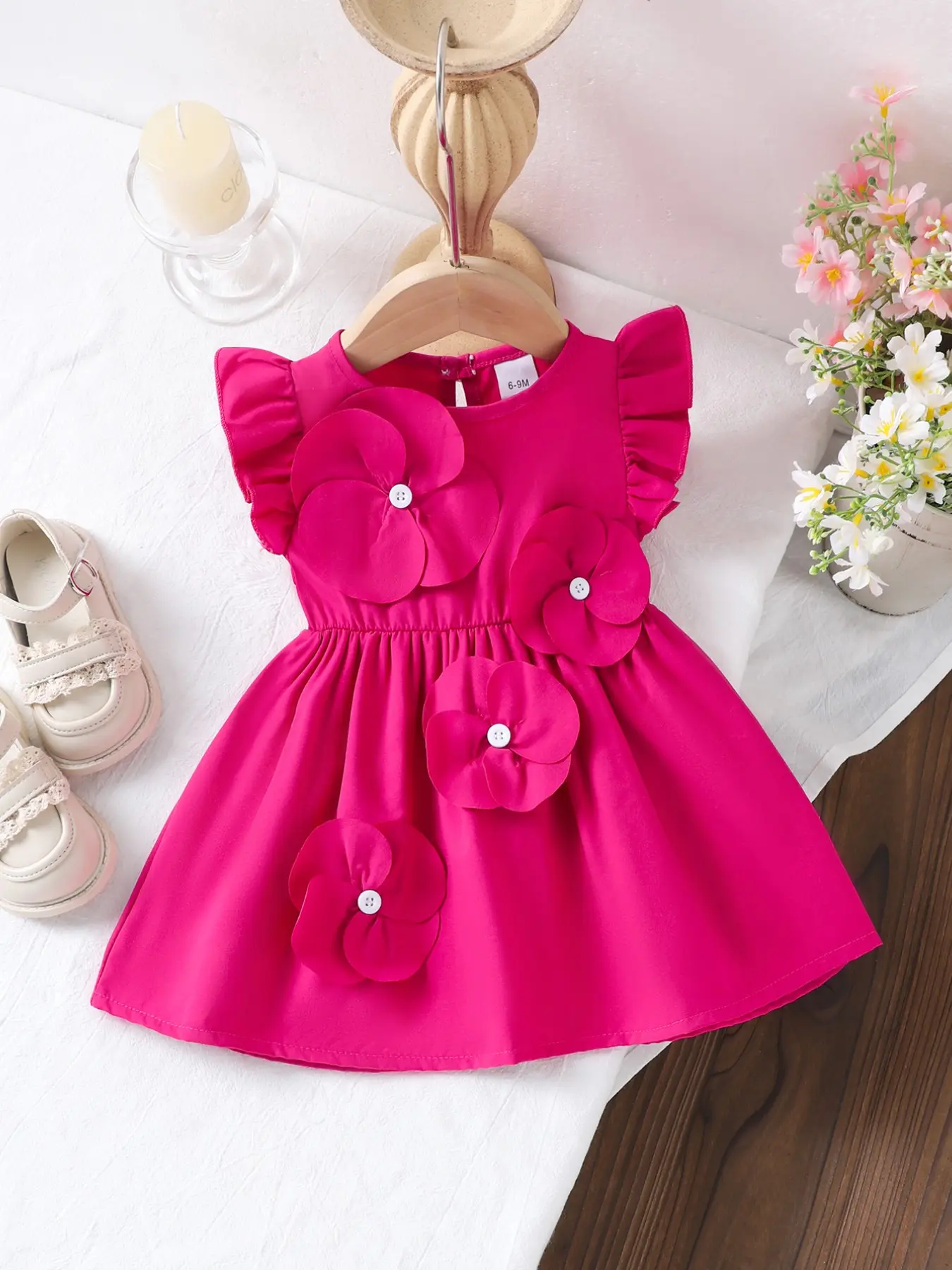 Hot Pink Baby Girl Party Dress 6-36 Months 3D Flower Design Ruffle Flying Sleeves Spring Summer Toddler Cute Dress for Family Gathering Photoshoot Toddler Floral Dress