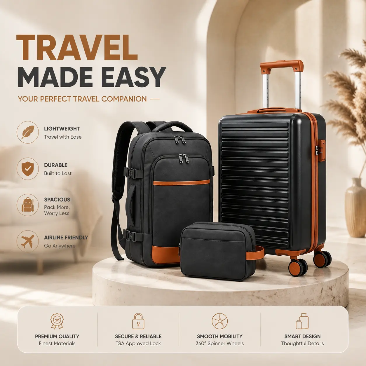 Sweetcrispy Practical 3-Piece Luggage Sets - ABS Hardshell 20-Inch Carry On Luggage Spinner Suitcase with TSA Lock, 40L Backpacks, Toiletry Bag for Air Travel, Organization