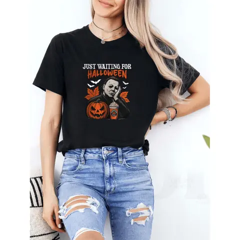 Just Waiting for Halloween Graphic T-Shirt - Unisex Casual Short Sleeve Tee with Jack-O'-Lantern & Pumpkin Design, Breathable Round Neck, Perfect for Summer, Halloween, and Casual Attire, Ideal Gift for Men and Women, Halloween T