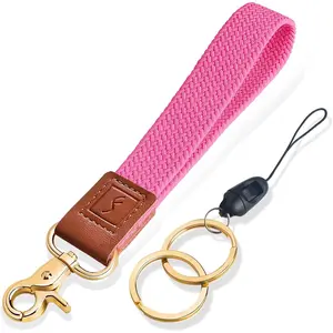 Stretchy Wristlet Keychain, Braided Cute Wrist Lanyard Key Chain Holder for Women Men, Wrist Strap for Car Keys Phone Camera Wallet ID Badges (Pink)