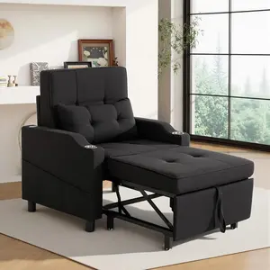 Modern Pull Out Sleeper Recliner Chair - Foldaway, Adjustable Heavy-Duty, Collapsible Telescoping, Footrest Recliner with Adjustable Backrest, Pillow, USB Port, Cup Holder, Chair Pocket for Living Room, Bedroom, Foldaway Reclining Recliners, Adjustable He