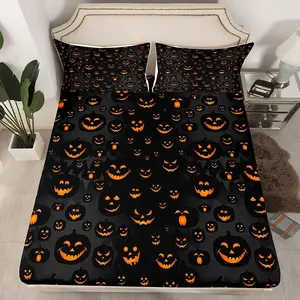Feelyou 3D Printed Pumpkin Fitted Sheet Set - Deep Pocket Fit, Orange-Black Halloween Festive Bedding with Cartoon Pillows, Festival Decor Bed Cover (No Top Sheet)