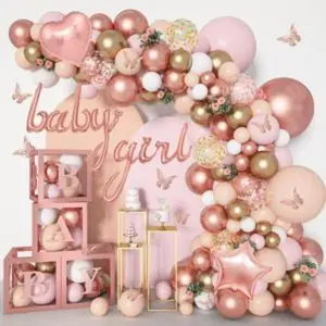 135pcs rose gold balloons girl baby shower decorations baby boxes butterfly stickers balloon garland arch kit baby box with letter azbaby for wedding bridal birthday party decoration