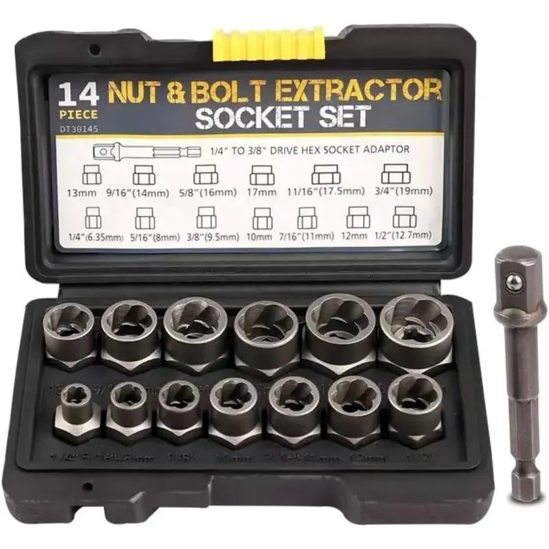 Impact Bolt & Nut Remover Set,13+1 Pieces Bolt Extractor Tool Set with Solid Storage Case,Extraction Socket Set for Removing Damaged,Frozen,Rusted,Rounded-Off Bolts,Nuts and Screws.