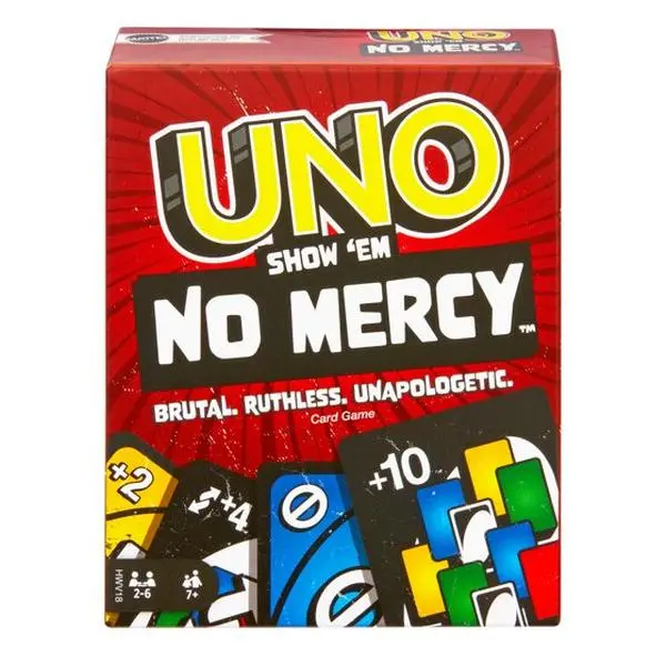 UNO Show ‘em No Mercy Brutal-Play Card Game (56 Cards, Mercy Rule) for 6-8 Years, Ages 7+, Kids Teens and Adults, Family Night Gathering All-Season Toys & Hobbies Entertainment, Games For Family, Stack Draw Cards