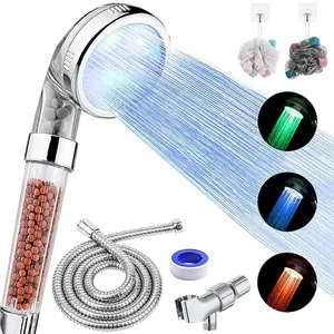 LED Shower Head with Handheld, High Pressure Shower Head with Hose, Holder & PTFE Tape etc, 3 Water Temperature-Controlled Water Saving Filtered Shower Head for Dry Hair& Skin
