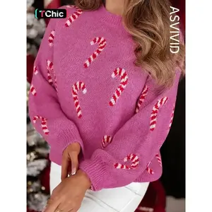 Women's Casual Christmas Cane Candy Holiday Drop Shoulder Pullover Sweater, Loose-Fit Letter Pattern, Fall & Winter Fashion, Soft Knitwear
