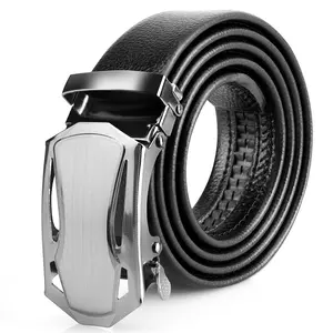 Men's Adjustable Ratchet Belt - Black Leather with Silver Buckle for Everyday Wear