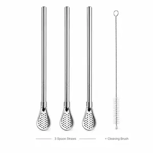 3PCS Stainless Steel Yerba Mate Spoon Straw Set with Cleaning Brush, Reusable Filter Straws for Tea, Coffee & Milk