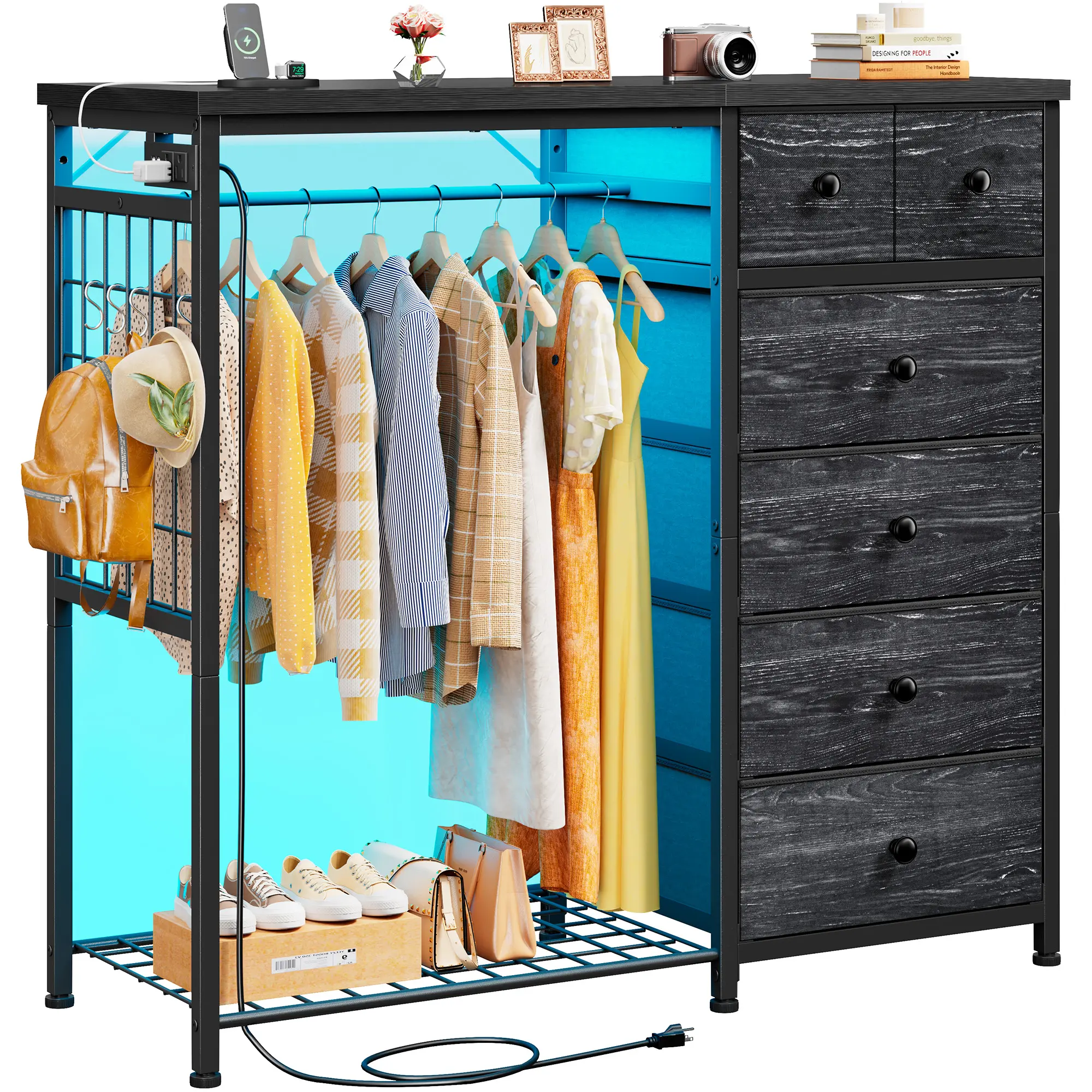 Raybee 49.2" Rustic Brown Fabric Wardrobe Cabinet - 6 Deep Drawers, LED Lights, Charging Station, Hanging Rack, Wooden Top, Grid Panel, Anti-Tip Mechanisms, Bedroom Organizer