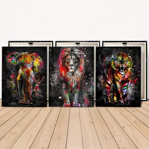 3 Counts Wooden Framed Canvas Painting, Colorful Wild Elephant Lion Tiger Images, Exquisite Poster, Perfect Living Room Decoration, Modern Art, Fashion Family Poster, Wall Art Decoration, Waterproof Art, Dopamine Decor