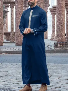 Men's Ethnic Pattern Embroidery, Traditional Modest Long Sleeve Mock Neck Robe for Daily Wear, Men's Islamic Clothing for All Seasons, Premium Traditional Thobe, Modesty Thobe, Muslim Thobe, Arabic Thobe
