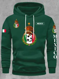 Men'S Hoodie, Graphic Casual Hoodie - Mexico Flag Eagle Print, Casual Fall/Winter Sweatshirt with Kangaroo Pocket, Geometric Pattern, Regular Fit, Slight Stretch Fabric, Perfect for Couples, Mexican Apparel | Trendy Pullover | Quality Fabric