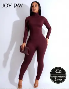JOYPAY Chic Turtleneck Jumpsuit for Women Fitted Full-Length Bodysuit in Burgundy Womenswear Long Sleeve Breathable Stretch Fabric Elegant Basic Overalls
