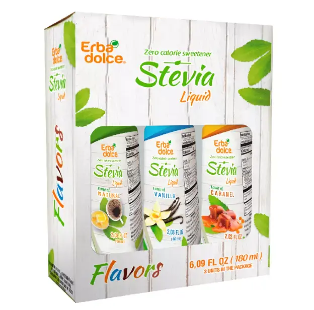(Pack of 4) Erba Dolce Stevia Liquid Sweetener 3 Flavor Pack - Natural, Vanilla, Caramel 6.09 Fl Oz