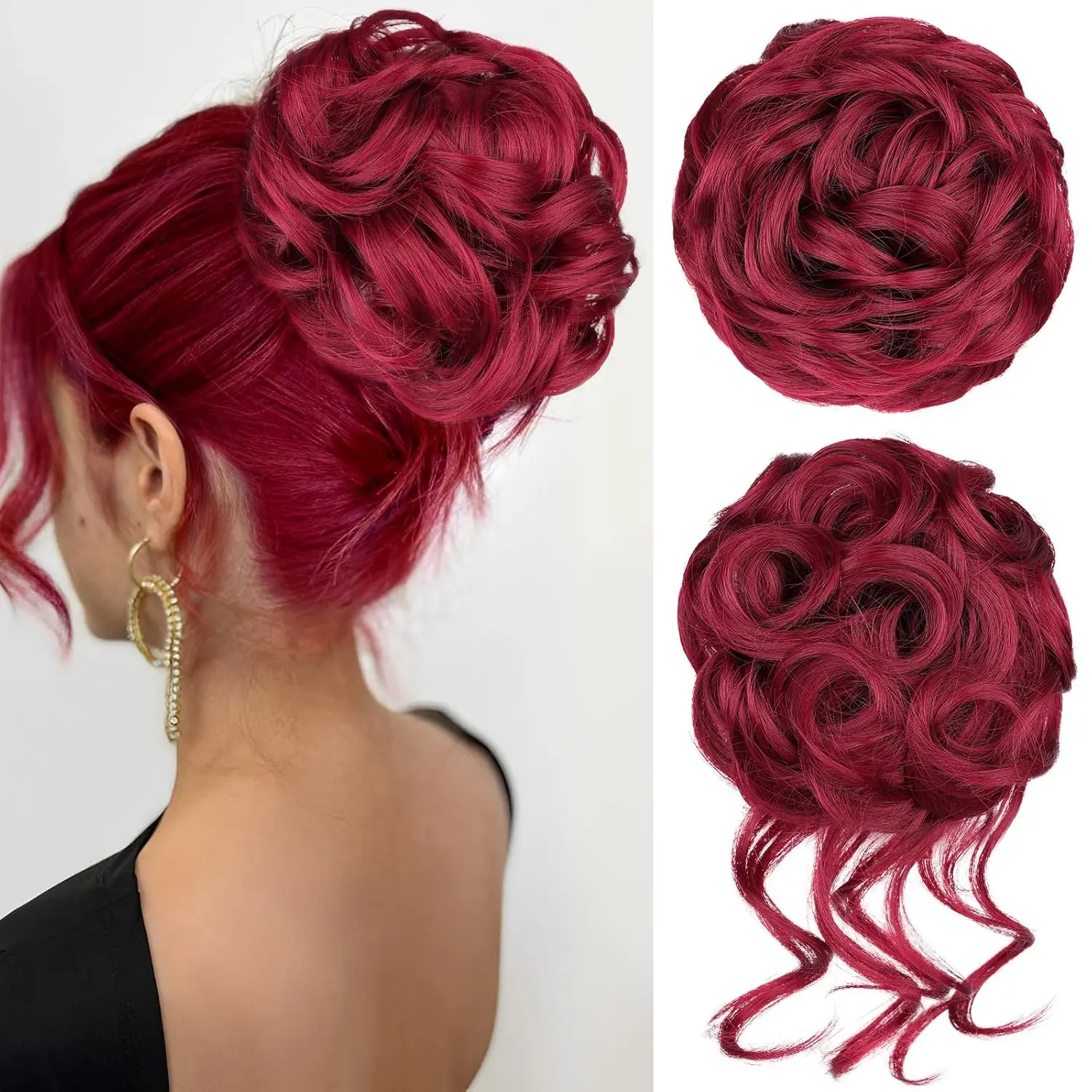 2PCS Messy Bun Hair Pieces Large Wavy Curly Synthetic Updo Chignon Fake Scrunchies Ponytail Extension for Women 50g/1.76oz/pcs Burgundy Red quick style plate