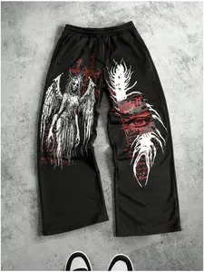 Unisex Dark Aesthetic Baggy Joggers - Gothic Fallen Angel & All-seeing Eye Graphic Sweatpants - Cyber Grunge Wide Leg Trousers for Underground Raves, Concerts, and Alt Streetwear