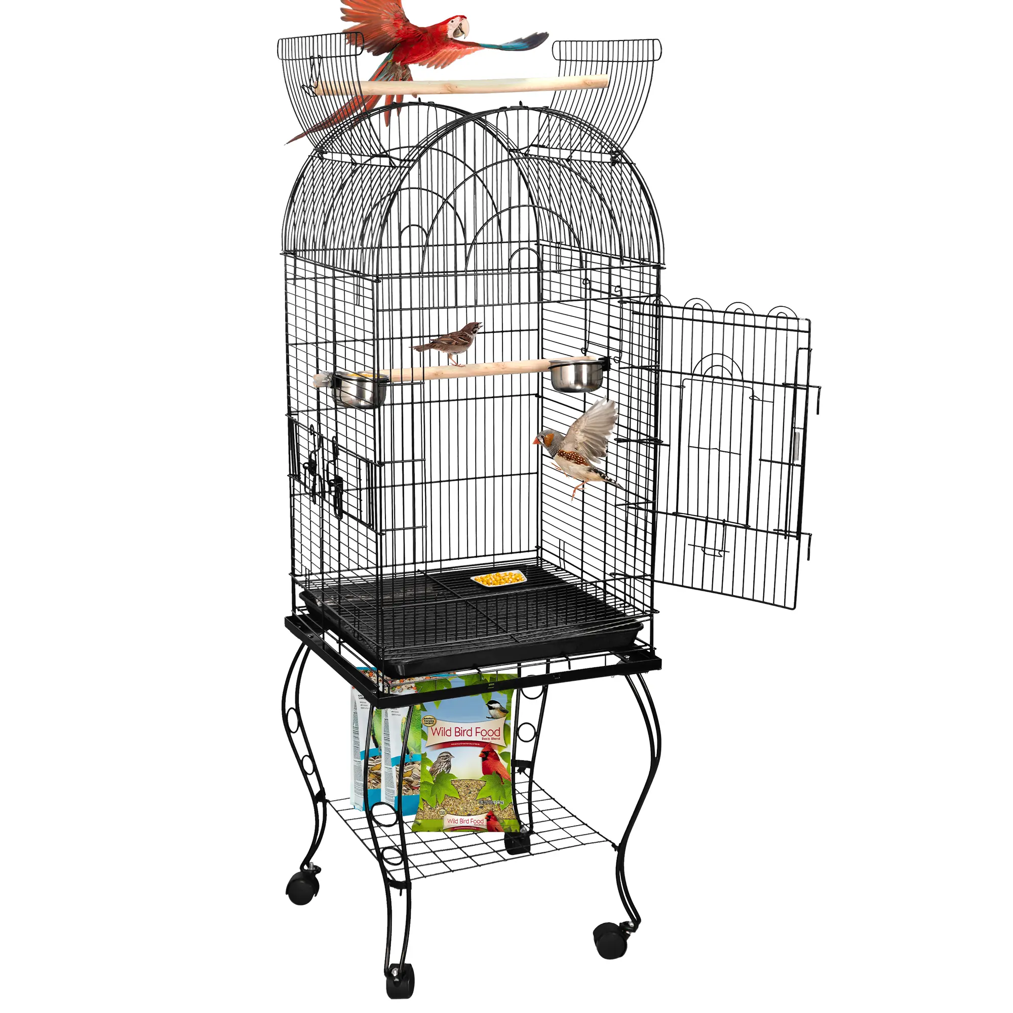 Pet Republic Durable Non-Toxic Coated Iron Frame European Bird Cage - 20.4x20.4x63.9in, 25.9 lbs, Open Roof, Arc Doors, Window Design, Detachable Wheels, Removable Tray, Easy Cleaning, Portable, Stable, Sturdy Locking - For Small Parrots