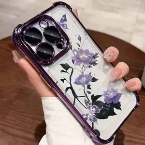 A transparent phone case with purple floral pattern, TPU shockproof full protection case with electroplated frame, suitable for iPhone 17/16/15/14/13/12/11 PRO PROMAX PLUS AIR X XSMAX, an ideal gift for friends and family, SJQNDD64