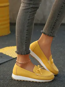 Women's Round Toe Flat Shoes with Butterfly Knot Decor, Lightweight Comfortable Casual Walking Shoes, Large Size Mommy Shoes, Slip On Shoes