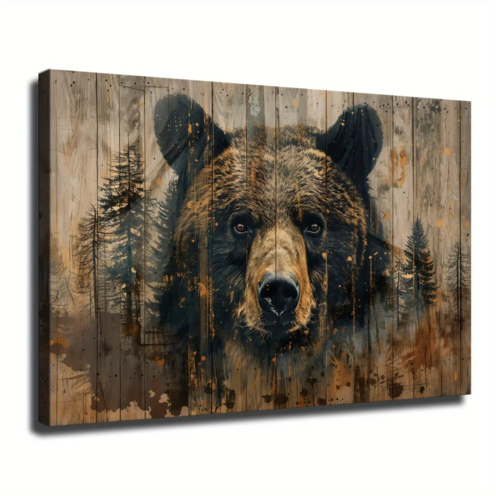 Forest Bear Portrait Canvas Wood Wall Art - Nature Statement Room Art, Wildlife Print, Country Rustic Framed Hanging Decor, Hangable Ready-to-Hang Cottage Space Gift