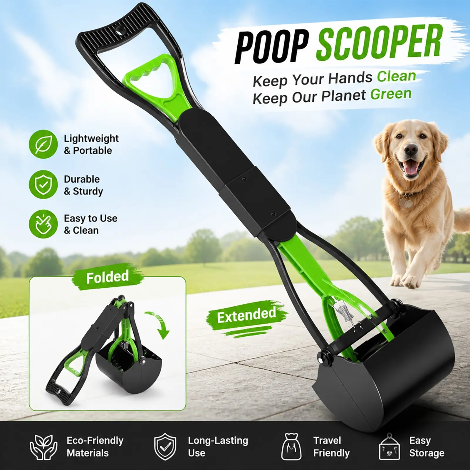 23.6" Foldable Dog Pooper Scooper, Heavy Duty Pet Waste Picker with Strong Spring, One-Handed Operation, Portable Outdoor Non-Stick Poop Scooper for Grass, Gravel, Dirt & Yard