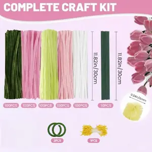500 Pcs Pipe Cleaner Flower kit with Wrapping Paper, 5 Colors Pipe Cleaners Craft,DIY Rose Flower, Handicraft,  Chenille Stems Flowers Craft kit with Flower Stems, Floral Tape, Stamen