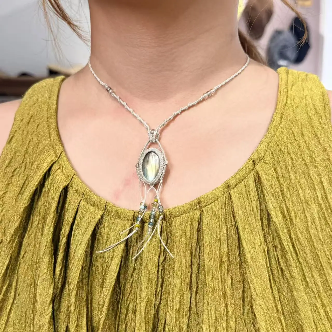 Labradorite Stone Pendant Necklace, Handcrafted Boho Macrame Jewelry for Unisex, Made-to-Order Unique Gift, Handmade Craft, Minimalist