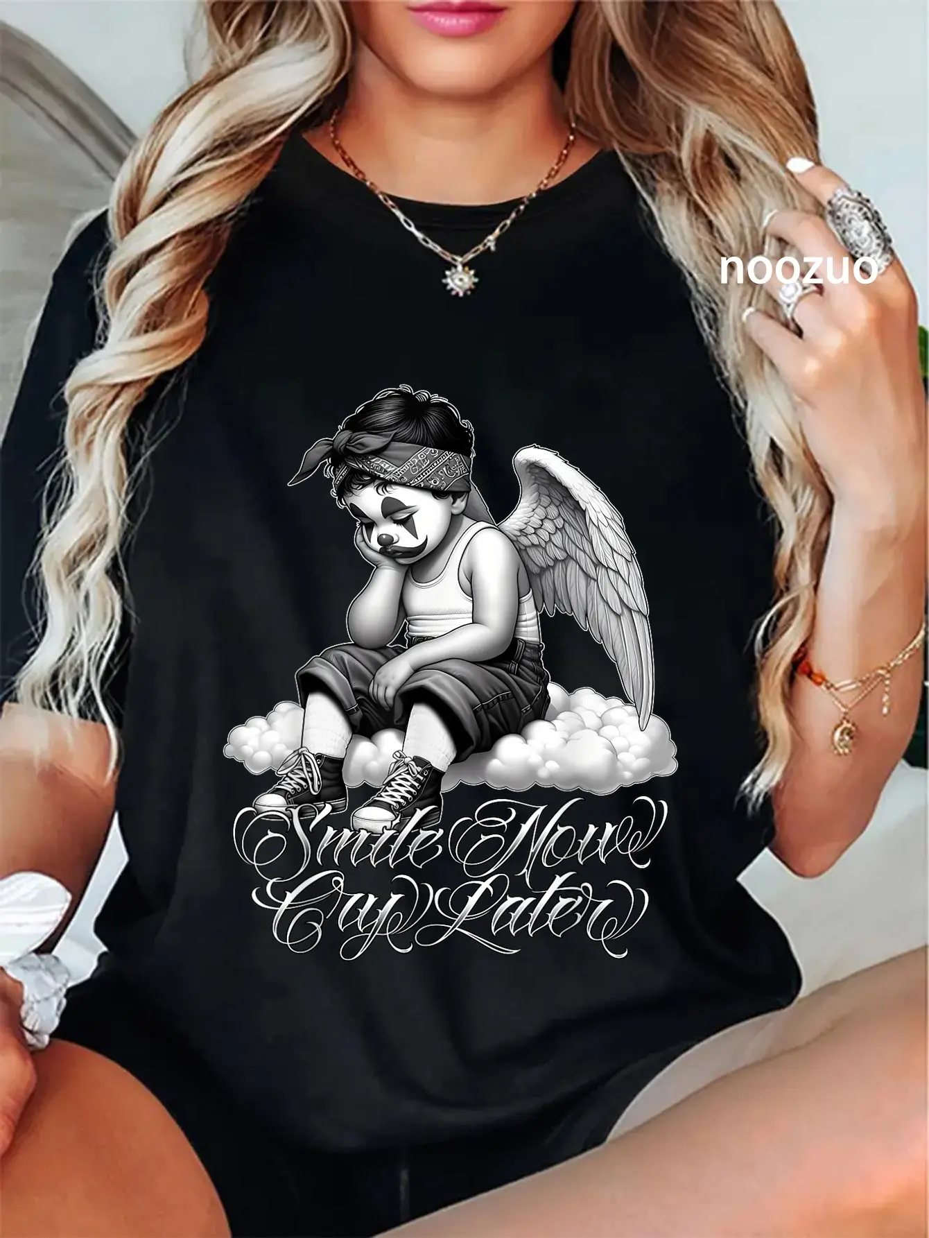 Women's Casual Graphic T-Shirt, Vintage Chicano Tattoo Style Streetwear with 'Smile Now Cry Later' Print, 100% Cotton, Tshirt