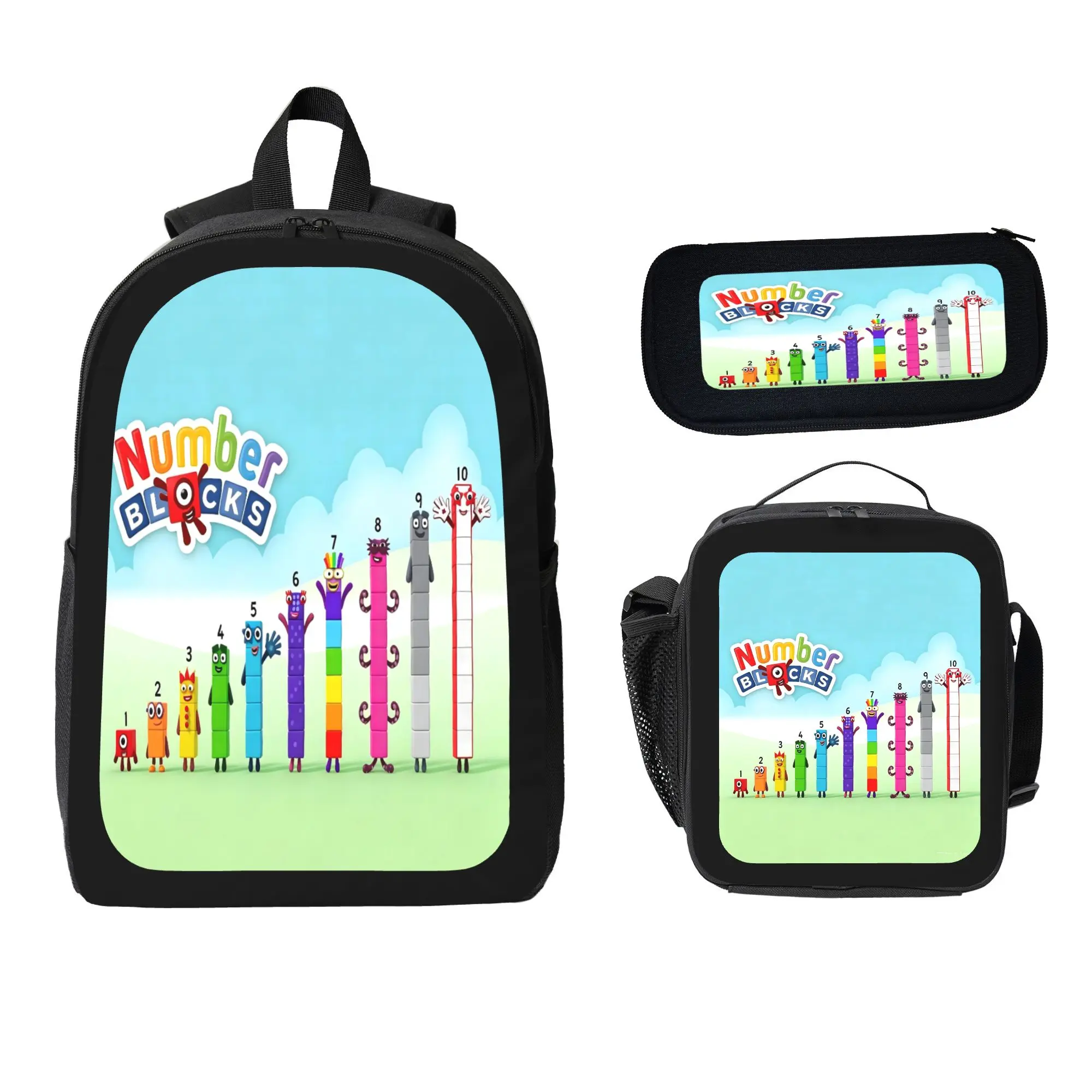 Numberblocks 3PCS Backpack Set - Polyester Built-in Organizer Backpack, Lunch Bag, Pencil Case for Toddler Kids, Lightweight Large Capacity Daily Carry Bag, Cute Cartoon Anime Gift, TikTok Trending Travel Daypack, Built-In Organizer Backpacks