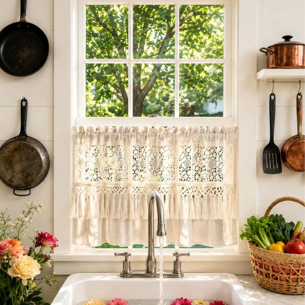 Boho Crochet Cotton Linen Valance with Tassels - 1-Panel Rod Pocket Valances for Windows, Vintage Macrame Lace Curtains, Basement Room Divider, Interior Decoration Accessories,familyfun