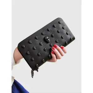 2026 New Halloween Black Skull Rivet Long Wallet, Punk Gothic Style Zipper Wallet for Men & Women, Large Capacity Wristlet Purse, Durable Travel Accessory