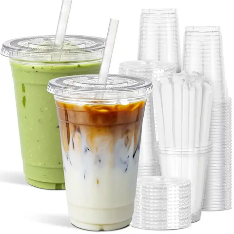 24 oz Plastic Cup with Lid and Straw, Reusable Transparent Iced Coffee Cup Set, Durable BPA-Free for Iced Tea, Milkshakes and Smoothies, Kitchen Drinkware, Drinking Cups, Clear Cups with Lids and Straws