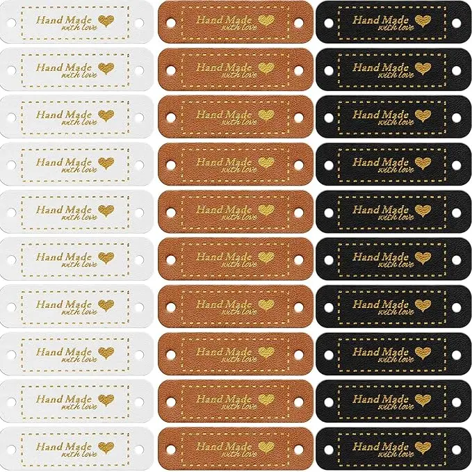 30 Pcs Leather Tags for Crochet Items PU Leather Labels Handmade Items Crochet Tags for Handmade Knit Accessories with Holes DIY Crafts Sewing Knitting(Brown, Black, White)