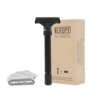 KEROPY Adjustable Angle Double Edge Safety Razor, Long Handle Butterfly Open with 10 Blades