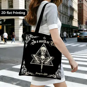 Gothic Skull Butterfly Canvas Handbag, Lilith Theme Mystic Print, Eco-Friendly Witch Style Shoulder Tote Hobo Shopping Bag, Lightweight Durable Daily Use, Versatile, Unique Look, Mystic Design