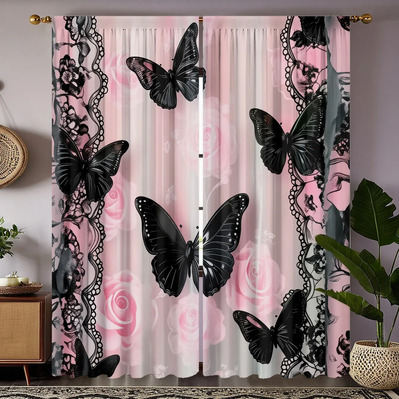 2pcs lace butterfly printed decorative window drapes, Window Curtains, semi transparent to protect privacy, fade resistant, hand washable and machine washable, pole bag hanging, suitable for home decoration