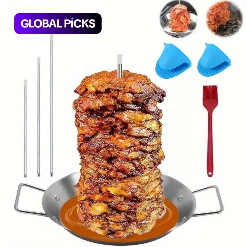 Stainless Steel Vertical BBQ Skewers, Brazilian Grill Rack with 3 Detachable Spines, Silicone Gloves & Brush, for Tacos Al Pastor, Shawarma, Grill Tool Set