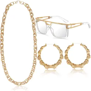 90s Accessories Outfit for Woman 80s Clothes Hip Hop Costume Kit Old School Rapper Sungles Faux Gold Rope Chain Earrings 80s/ 90s Buchona Freaknik Theme Party Decorations