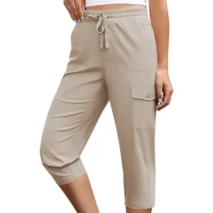 GRAPENT Capri Pants for Women Cargo Elastic Waist Pull On Drawstring Summer Casual Capris Cotton Chino Cropped Pants summervibes