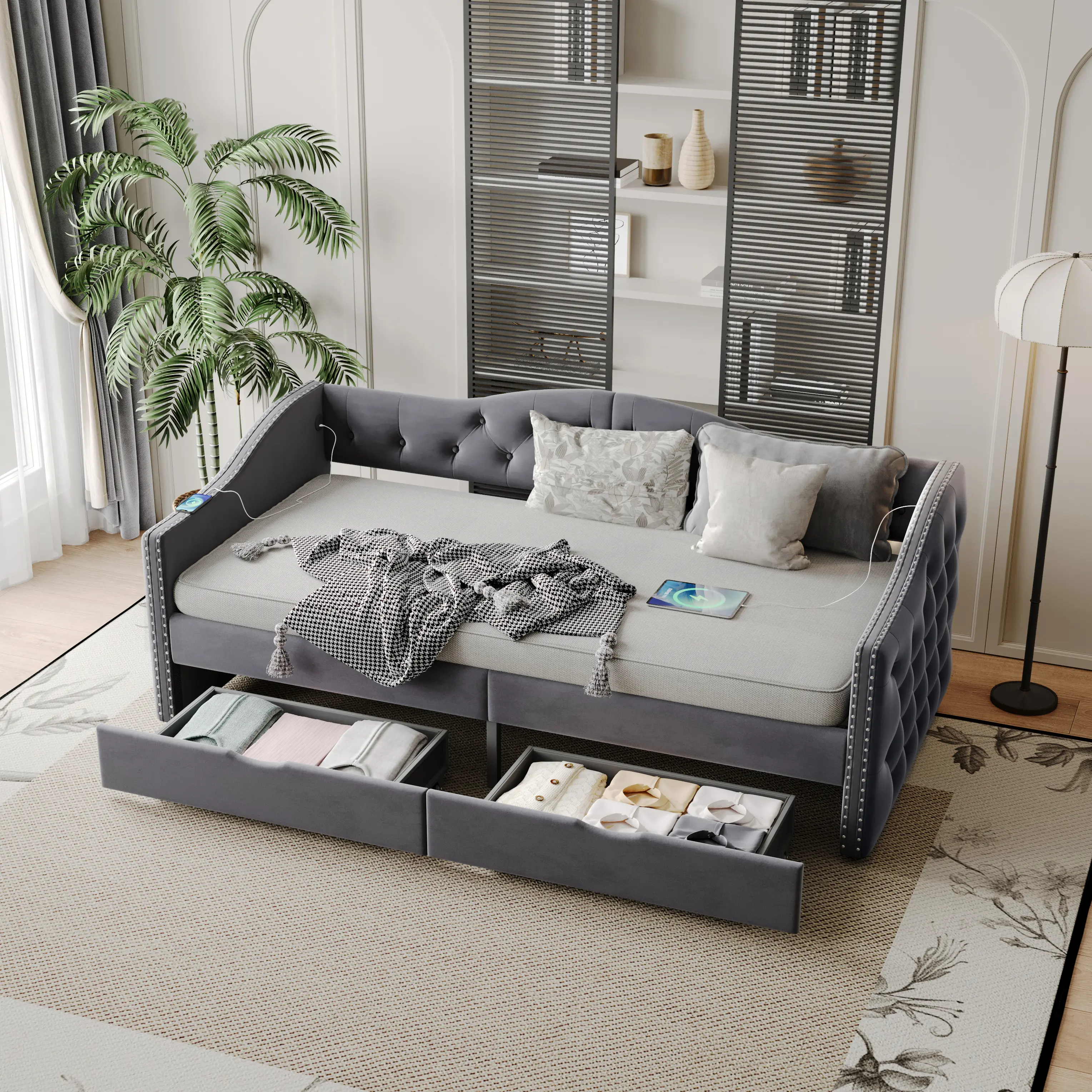 Vintage Upholstered Daybed with Storage Drawers Twin Size Grey No Box Spring Needed Wood Frame, Bedframe, Upholstered Bed Frames