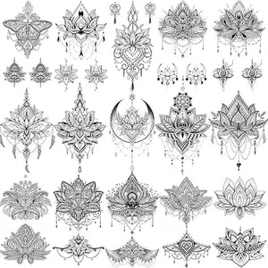 15 Sheets Sexy Black Lotus Temporary Tattoos For Women Wedding Brides, Tribal Fake Jewelry Pendant Lace Moon Moth Flowers Temp Tattoos Temporary Sticker For Girls Arm Neck Hands Tatoos Jewels