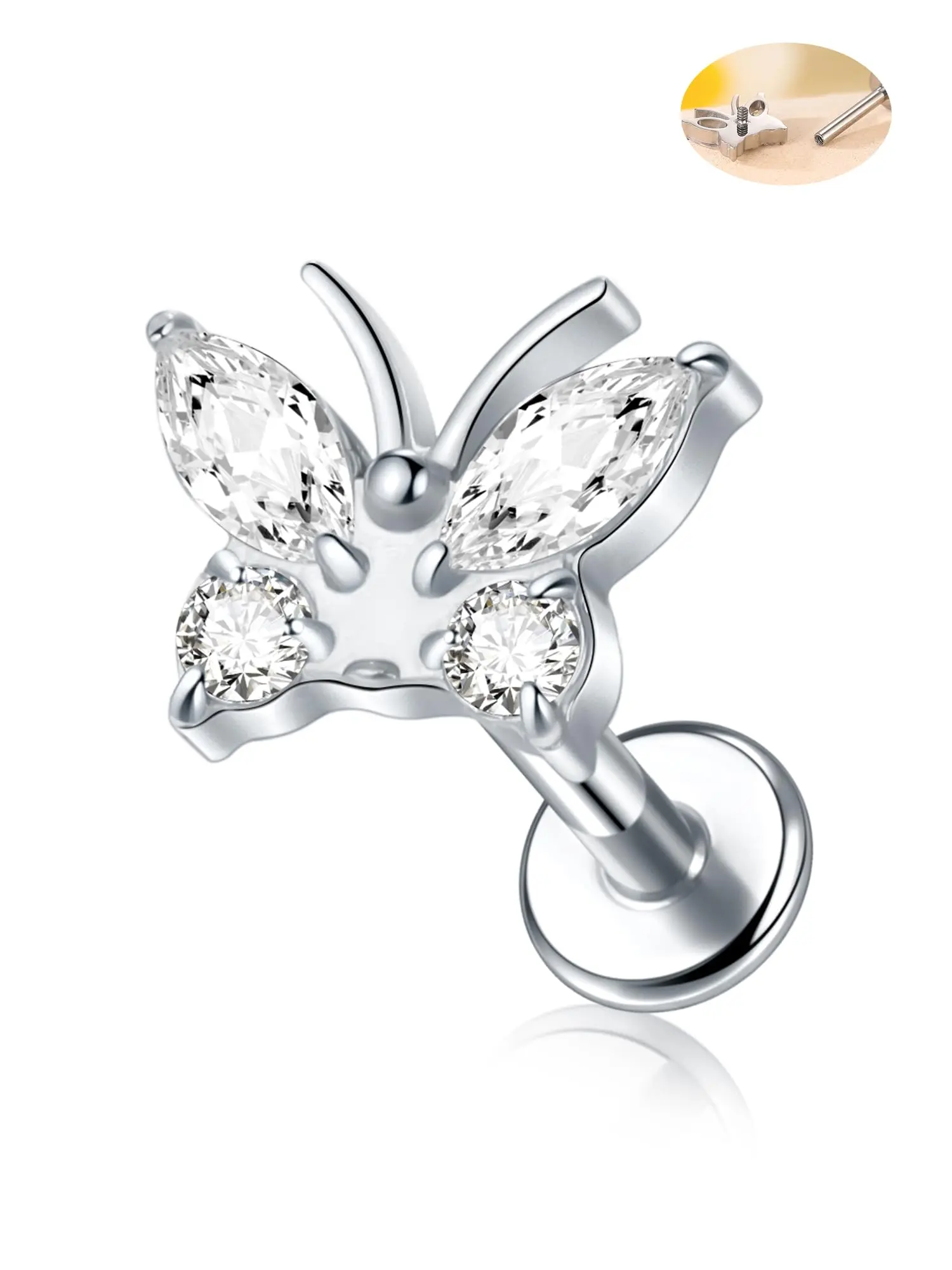 Silver Butterfly Titanium Flat Back Earrings for Women, Helix Tragus Conch Piercing Jewelry Hypoallergenic Cartilage Earring Stud Flatback Earrings